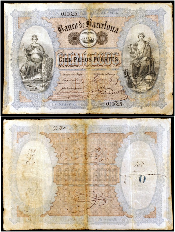 1867. Banco de Barcelona. 100 pesos fuertes. (Ed. A61) (Ed. 65) (Filabo 18B) (Pi...