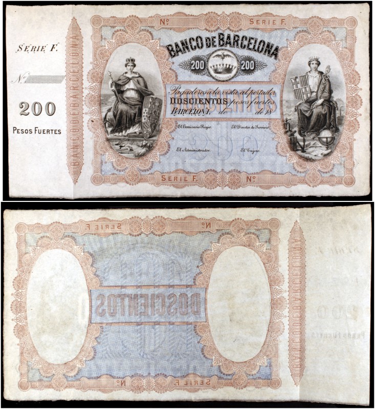 18... (1868). Banco de Barcelona. 200 pesos fuertes. (Ed. A62) (Ed. 66) (Filabo ...
