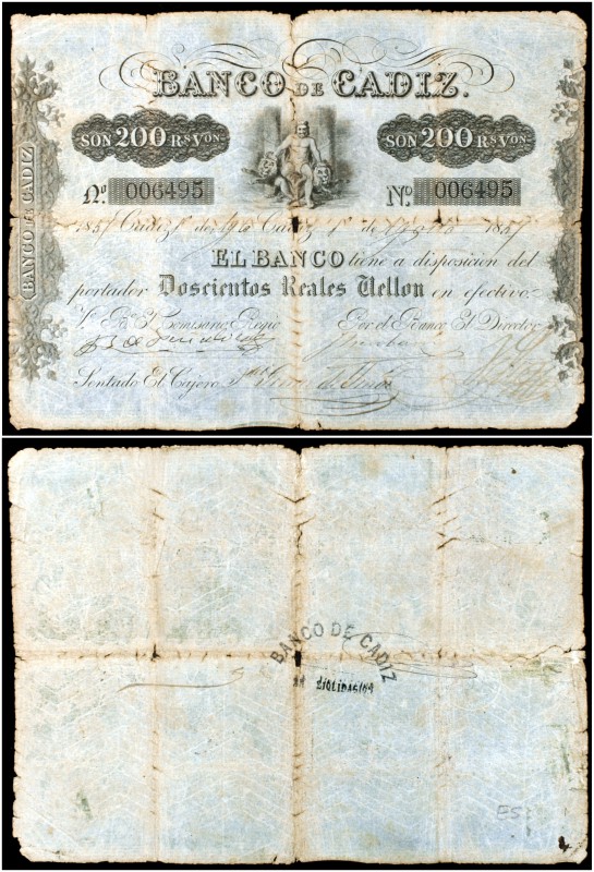 1857. Banco de Cádiz. 200 reales de vellón. (Ed. A67) (Ed. 71) (Filabo 2CA) (Rui...