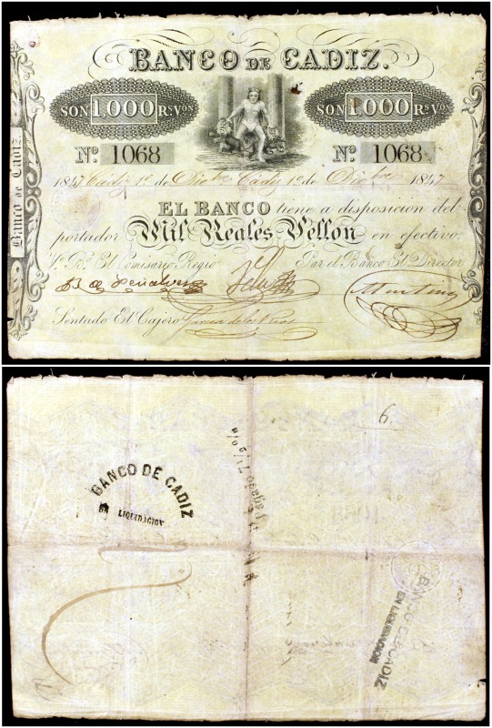 1847. Banco de Cádiz. 1000 reales de vellón. (Ed. A69) (Ed. 73) (Filabo 4CA) (Ru...