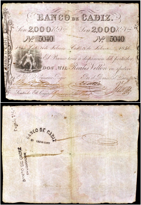 1856. Banco de Cádiz. 2000 reales de vellón (Ed. A70) (Ed. 74) (Filabo 5CA) (Rui...