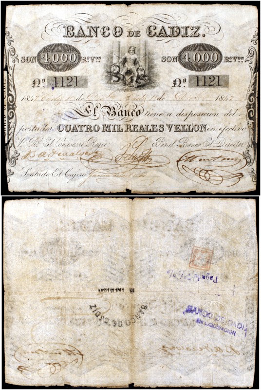 1847. Banco de Cádiz. 4000 reales de vellón. (Ed. A71) (Ed. 75) (Filabo 6CA) (Ru...