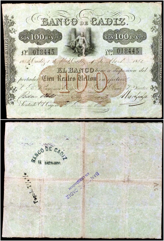 1862. Banco de Cádiz. 100 reales de vellón. (Ed. A72) (Ed. 76) (Filabo 7CA) (Pic...