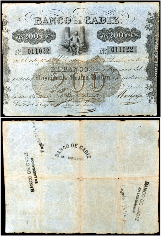 1862. Banco de Cádiz. 200 reales de vellón. (Ed. A73) (Ed. 77) (Filabo 8CA) (Pic...