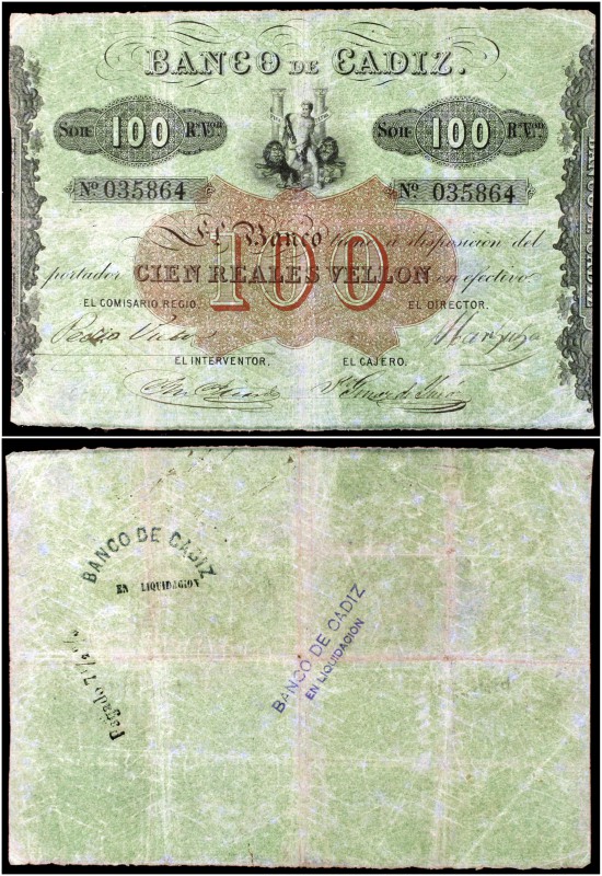Banco de Cádiz. 100 reales de vellón. (Ed. A74) (Ed. 78) (Filabo 9CA) (Ruiz y Al...