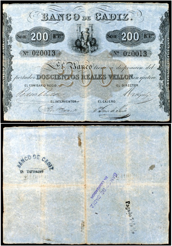 Banco de Cádiz. 200 reales de vellón. (Ed. A75) (Ed. 79) (Filabo 10CA) (Ruiz y A...
