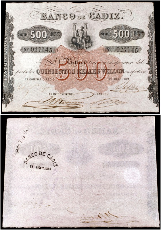 Banco de Cádiz. 500 reales de vellón. (Ed. A76) (Ed. 80) (Filabo 11CA) (Ruiz y A...