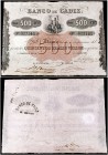 Banco de Cádiz. 500 reales de vellón. (Ed. A76) (Ed. 80) (Filabo 11CA) (Ruiz y Alentorn 528) (Pick S293). Sin fecha. III emisión. Cuatro firmas manusc...