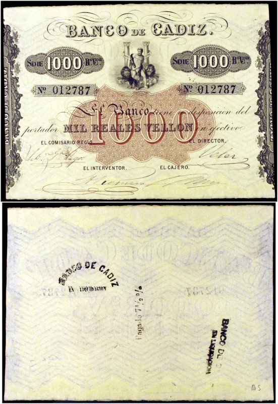 Banco de Cádiz. 1000 reales de vellón. (Ed. A77) (Ed. 81) (Filabo 12CA) (Ruiz y ...