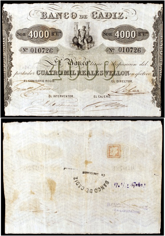 Banco de Cádiz. 4000 reales de vellón. (Ed. A79) (Ed. 83) (Filabo 14CA) (Ruiz y ...