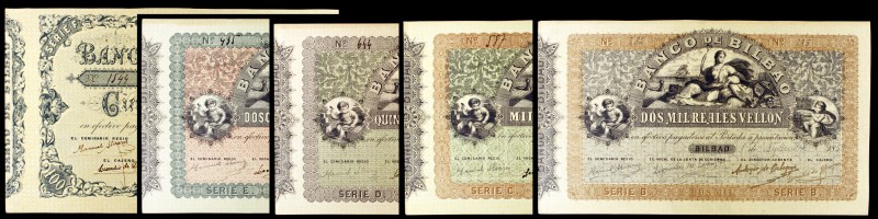 (1859). Banco de Bilbao. 100, 200, 500, 1000 y 2000 reales de vellón. Conjunto d...