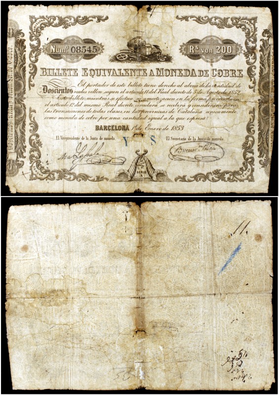 1853. Junta de Moneda de Barcelona. Billete equivalente a moneda de cobre. 200 r...