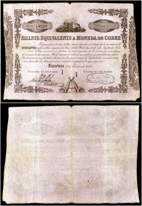 1853. Junta de Moneda de Barcelona. Billete equivalente a moneda de cobre. 500 r...