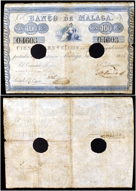 1863. Banco de Málaga. 100 reales de vellón. (Ed. A98 var) (Ed. 102 var) (Filabo...