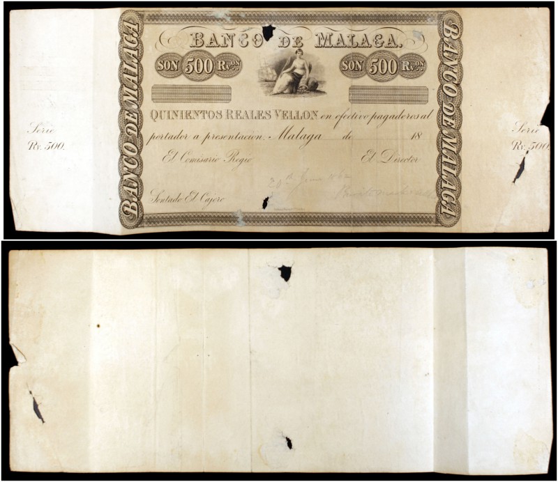 18... (1856). Banco de Málaga. 500 reales de vellón. (Ed. A100) (Ed. 104) (Filab...