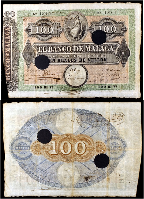 (1856). Banco de Málaga. 100 reales. (Ed. A104) (Ed. 108) (Filabo 7MA) (Ruiz y A...