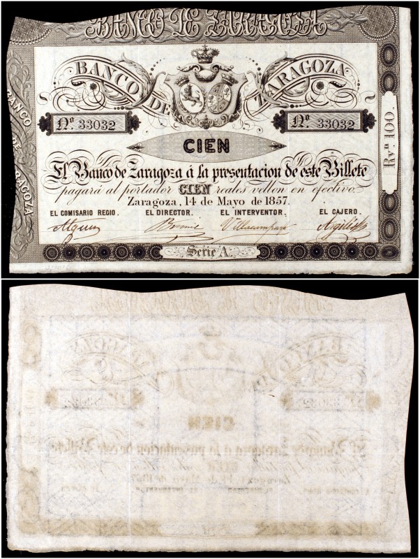 1857. Banco de Zaragoza. 100 reales de vellón. (Ed. A117C) (Ed. 126c) (Filabo 1Z...