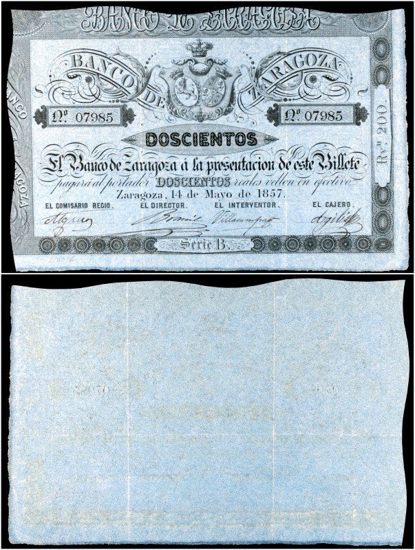 1857. Banco de Zagaroza. 200 reales de vellón. (Ed. A118C) (Ed. 127C) (Filabo 2-...