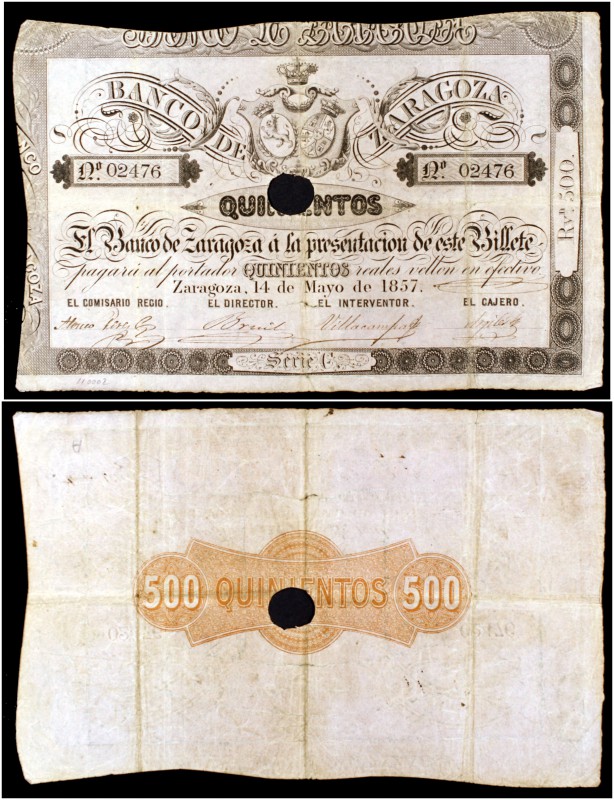 1857. Banco de Zaragoza. 500 reales de vellón. (Ed. A119A) (Ed. 128A) (Filabo 3-...