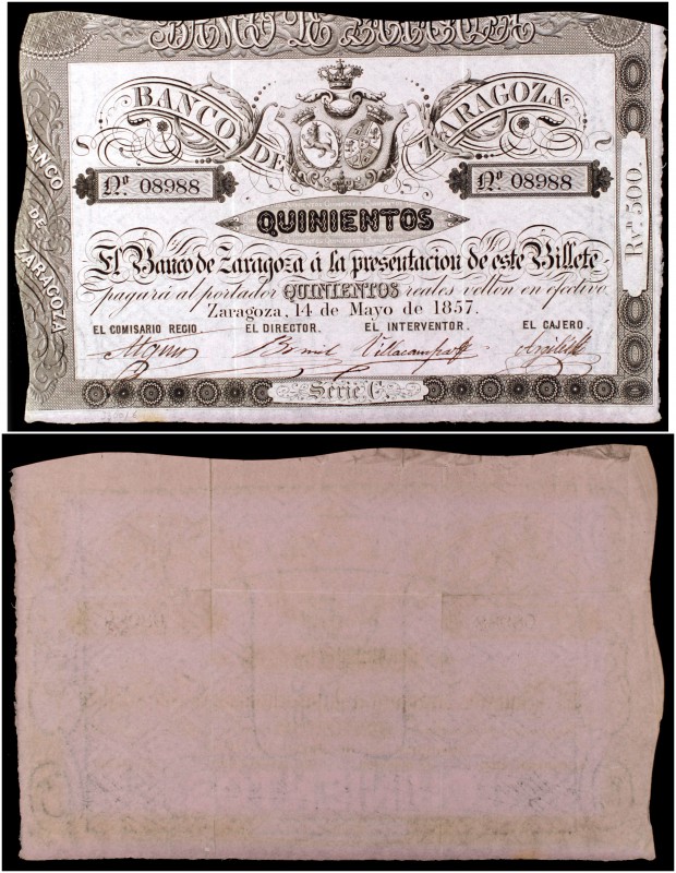 1857. Banco de Zaragoza. 500 reales de vellón. (Ed. A119C) (Ed. 128C) (Filabo 3-...