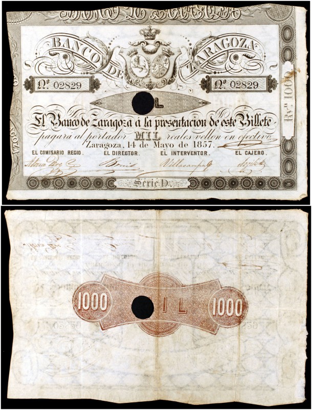 1857. Banco de Zaragoza. 1000 reales de vellón. (Ed. A120A) (Ed. 129A) (Filabo 4...