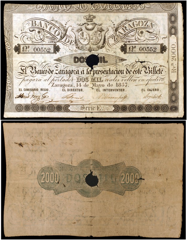 1857. Banco de Zaragoza. 2000 reales de vellón. (Ed. A121A) (Ed. 130A) (Filabo 5...