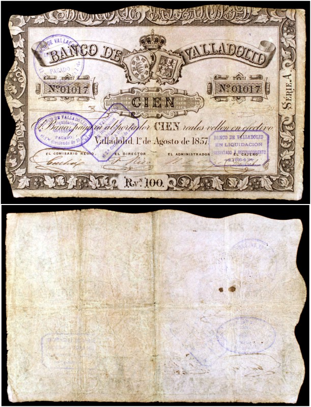 1857. Banco de Valladolid. 100 reales de vellón. (Ed. A122) (Ed. 131) (Filabo 1V...