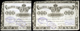1857. Banco de Valladolid. 200 reales de vellón. (Ed. A123) (Ed. 132) (Filabo 2VA) (Ruiz y Alentorn 551) (Pick S432). 1 de agosto. Pareja correlativa,...