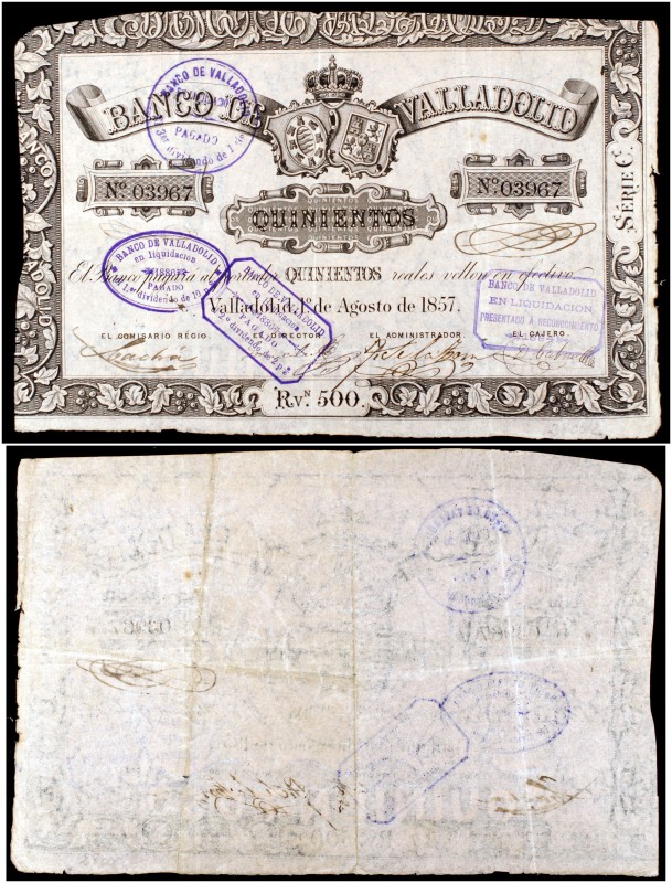 1857. Banco de Valladolid. 500 reales de vellón. (Ed. A124) (Ed. 133) (Filabo 3V...