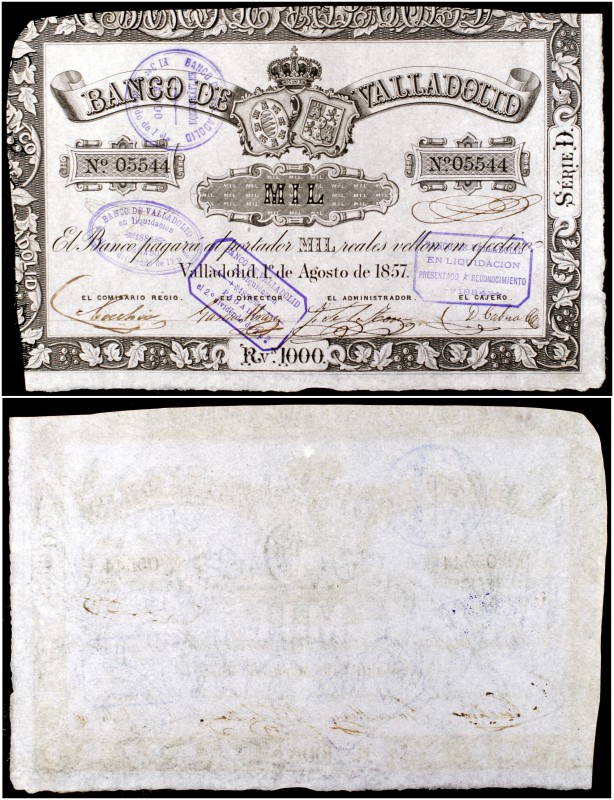 1857. Banco de Valladolid. 1000 reales de vellón. (Ed. A125) (Ed. 134) (Filabo 4...