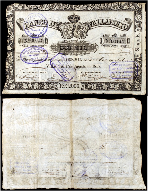 1857. Banco de Valladolid. 2000 reales de vellón. (Ed. A126) (Ed. 135) (Filabo 5...