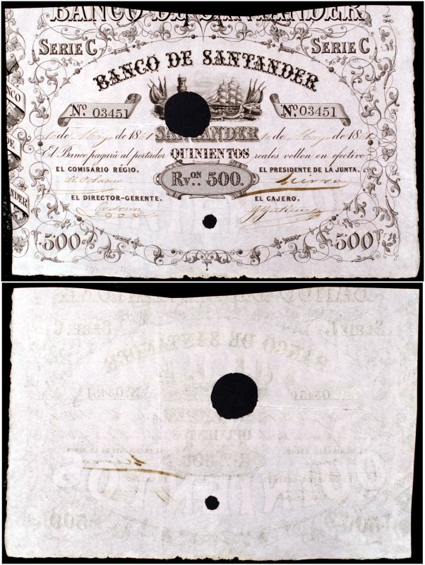 1861. Banco de Santander. 500 reales de vellón. (Ed. A130, ejemplar correlativo ...