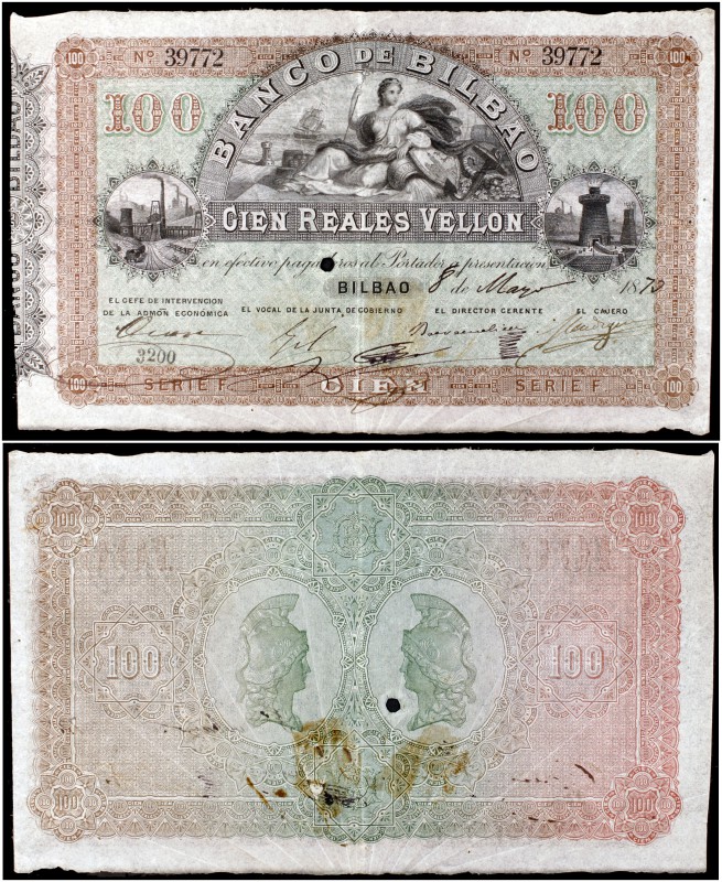 1870. Banco de Bilbao. 100 reales de vellón. (Ed. A134 var) (Ed. 143) (Filabo 1B...