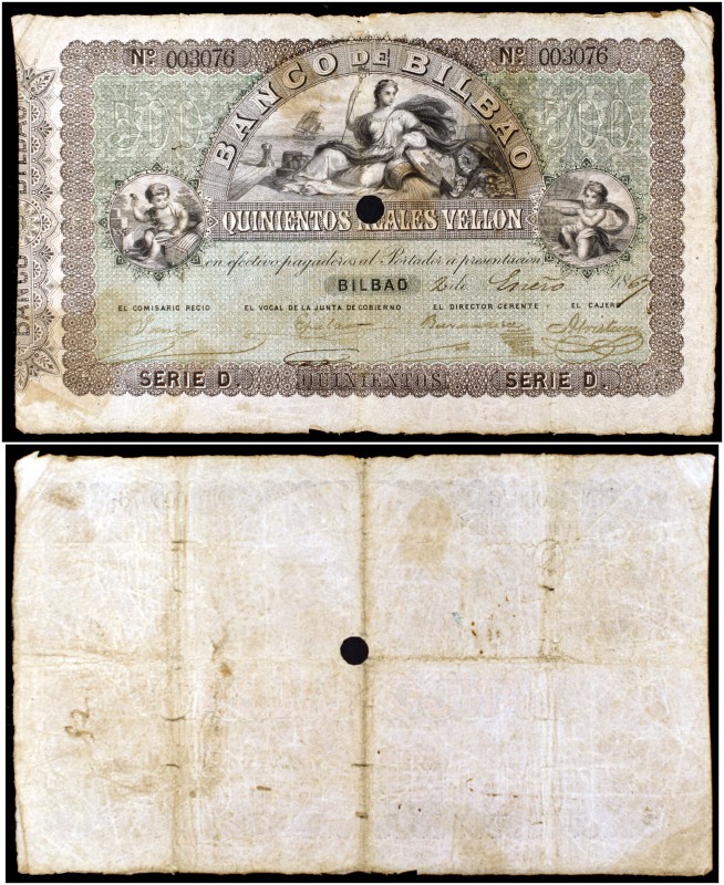 1867. Banco de Bilbao. 500 reales de vellón. (Ed. NE8p var) (Ed. 145) (Filabo 3B...