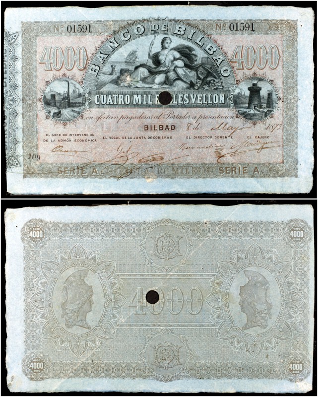 1873. Banco de Bilbao. 4000 reales de vellón. (Ed. A135 var) (Ed. 148) (Filabo 6...
