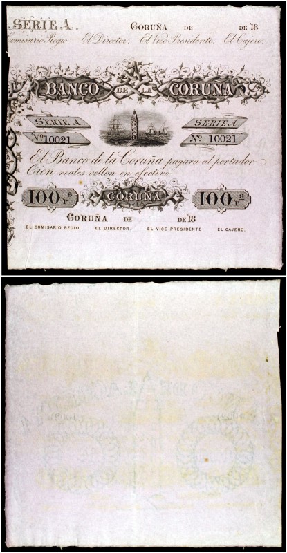18... (1857). Banco de La Coruña. 100 reales de vellón. (Ed. A136) (Ed. 149) (Fi...