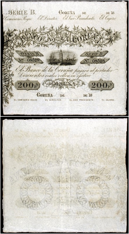 18... (1857). Banco de La Coruña. 200 reales de vellón. (Ed. A137) (Ed. 150) (Fi...