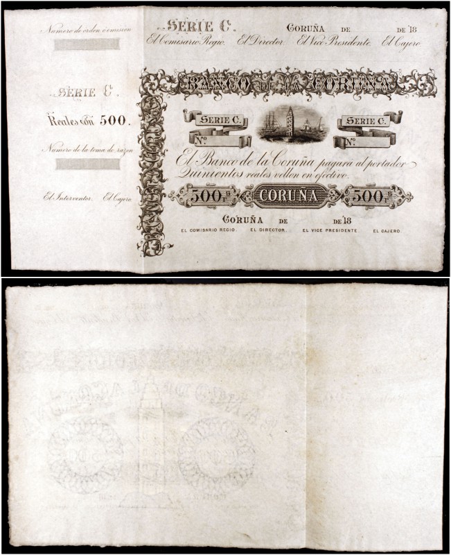 18... (1857). Banco de La Coruña. 500 reales de vellón. (Ed. A138) (Ed. 151) (Fi...