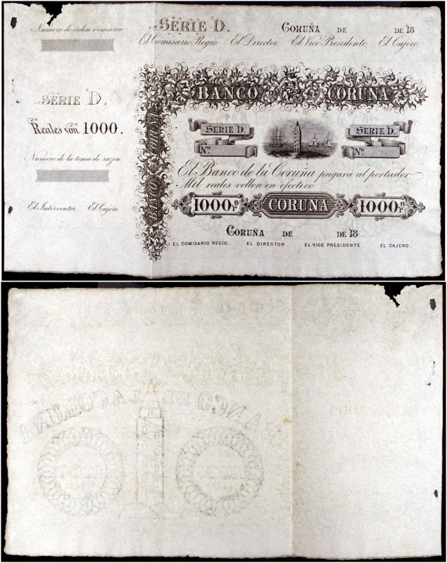 18... (1857). Banco de La Coruña. 1000 reales de vellón. (Ed. A139) (Ed. 152) (F...