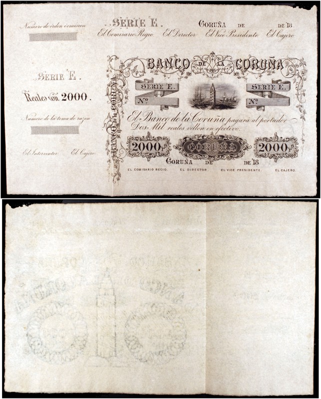 18... (1857). Banco de La Coruña. 2000 reales de vellón. (Ed. A140) (Ed. 153) (F...