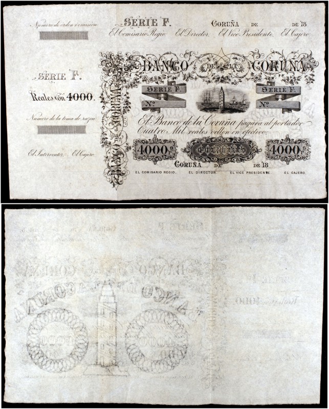 18... (1857). Banco de La Coruña. 4000 reales de vellón. (Ed. A141) (Ed. 154) (F...