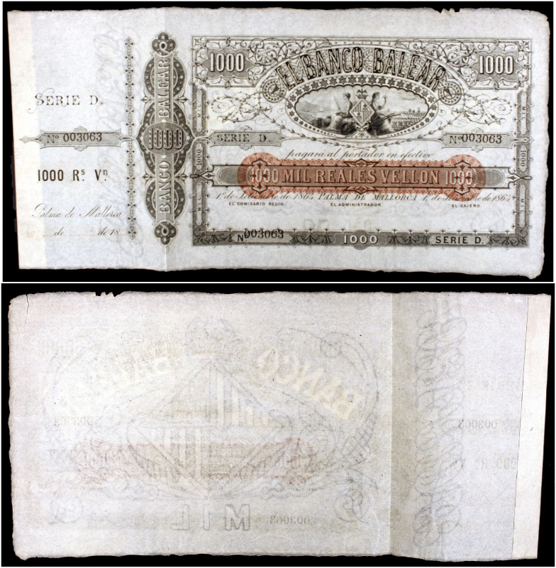 1864. Banco Balear. 1000 reales de vellón. (Ed. A149, mismo ejemplar) (Ed. 189, ...