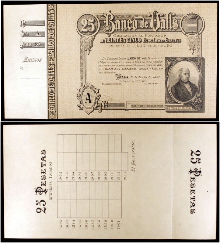 1892. Banco de Valls. 25 pesetas. (Ruiz y Alentorn 930). 1 de julio, Pablo de Ba...