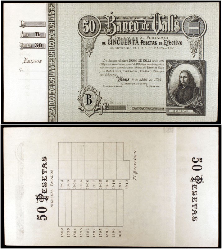 1892. Banco de Valls. 50 pesetas. (Ruiz y Alentorn 926). 1 de abril, Luis Bonifá...