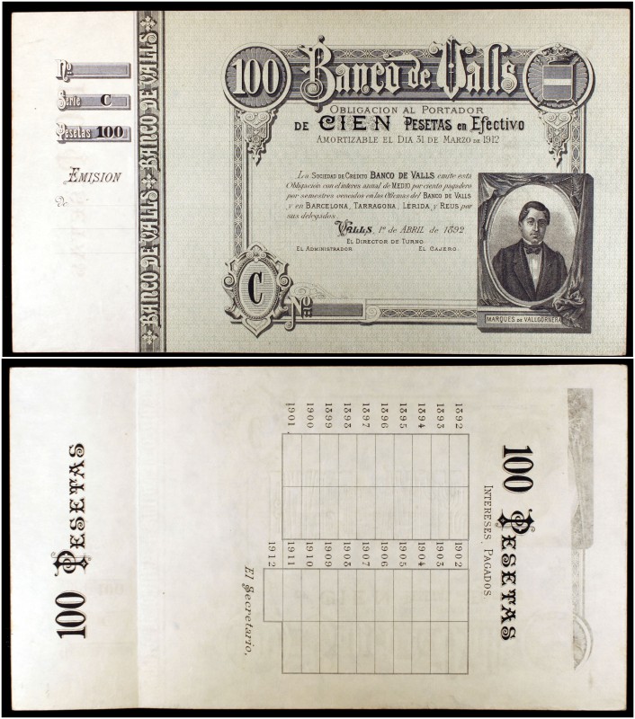 1892. Banco de Valls. 100 pesetas. (Ruiz y Alentorn 927). 1 de abril, Marqués de...