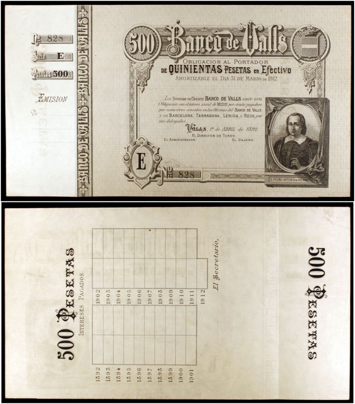1892. Banco de Valls. 500 pesetas. (Ruiz y Alentorn 929). 1 de abril, Pedro Anto...