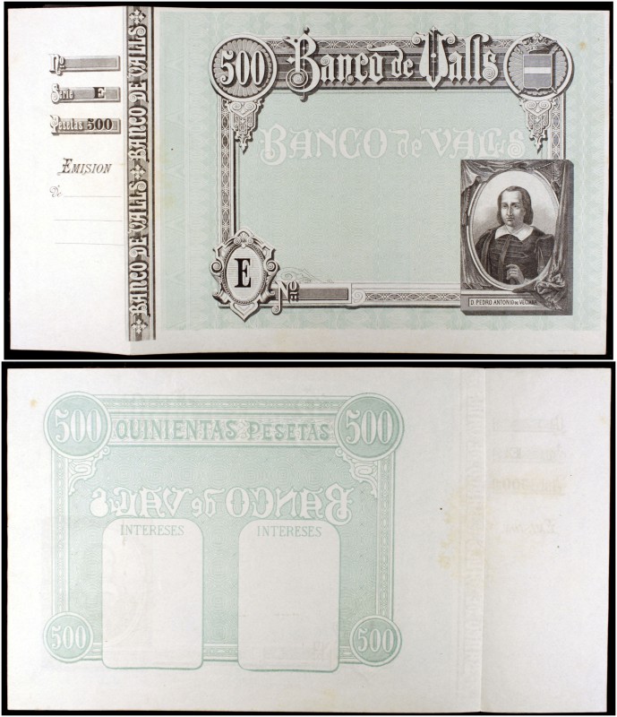 (1892). Banco de Valls. 500 pesetas. Pedro Antonio de Veciana. Serie E. Con matr...