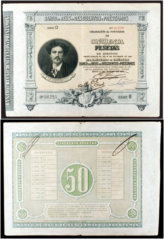 1921. Banco de Reus de Descuentos y Préstamos. 50 pesetas. (Ruiz y Alentorn 920)...