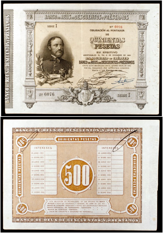 1921. Banco de Reus de Descuentos y Préstamos. 500 pesetas. (Ruiz y Alentorn 922...