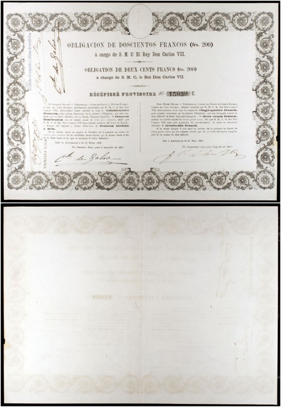 1869. Carlos VII, Pretendiente. Emisión de Amsterdam. 200 francos. (Ed. A201, mi...